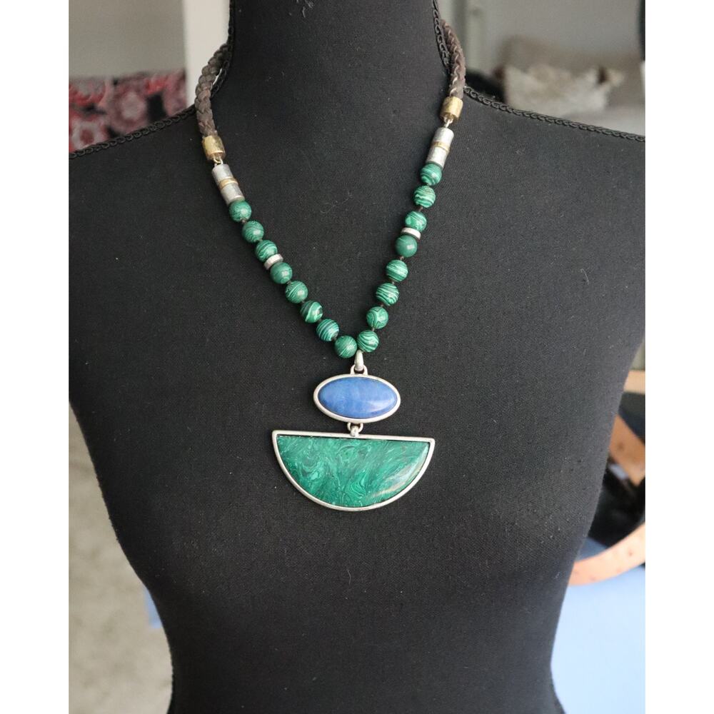 Vintage 90s Y2K Lucky Brand Green Blue Stone Necklace Leather Braided Cord Boho